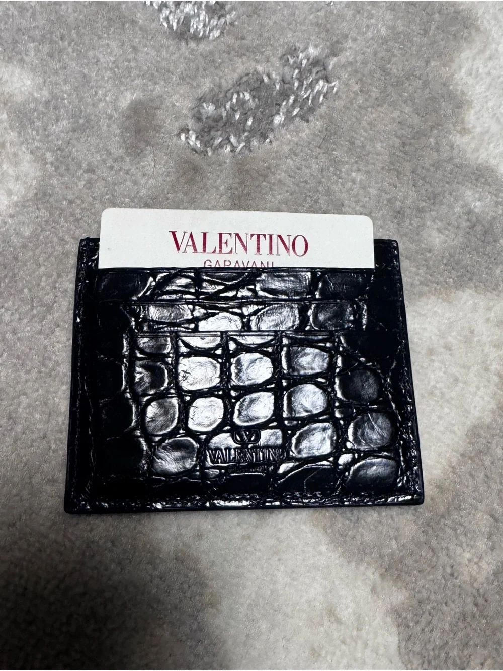 NWT!!! Valentino Black Croc-Embossed Leather Card Holder Sleeve